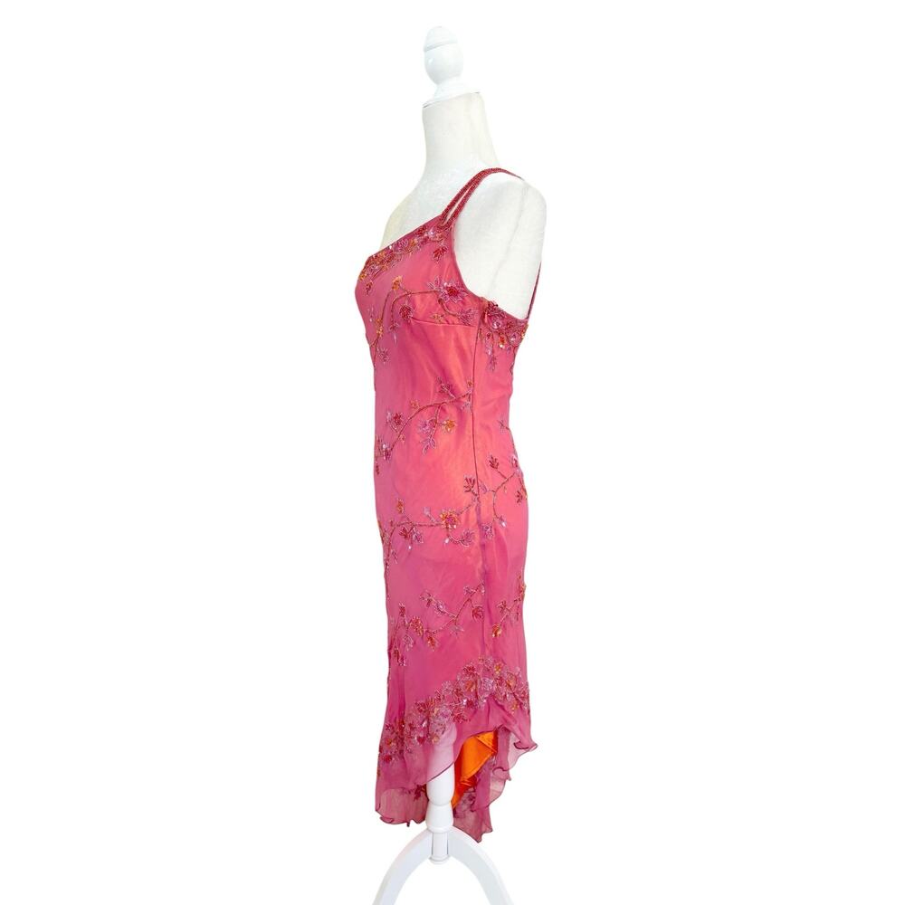 Y2K Scala Beaded Asymmetrical One Shoulder Silk Dress Sz Large Pink Party Glam - Picture 4 of 13